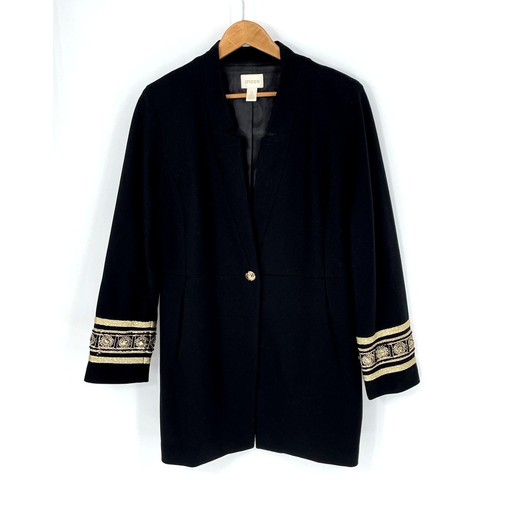 Chico's Womens Size 2 L/XL Ponte Black Jacket/Coat with Gold Trim Novelty Cuff
